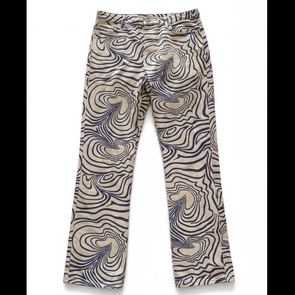 Zara Womens Blue and Cream Psychedelic Zebra Swirl Boot Cut Jeans Size 10 Retro